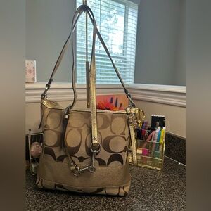 Vintage Coach Gold and Brown Signature Shoulder Bag